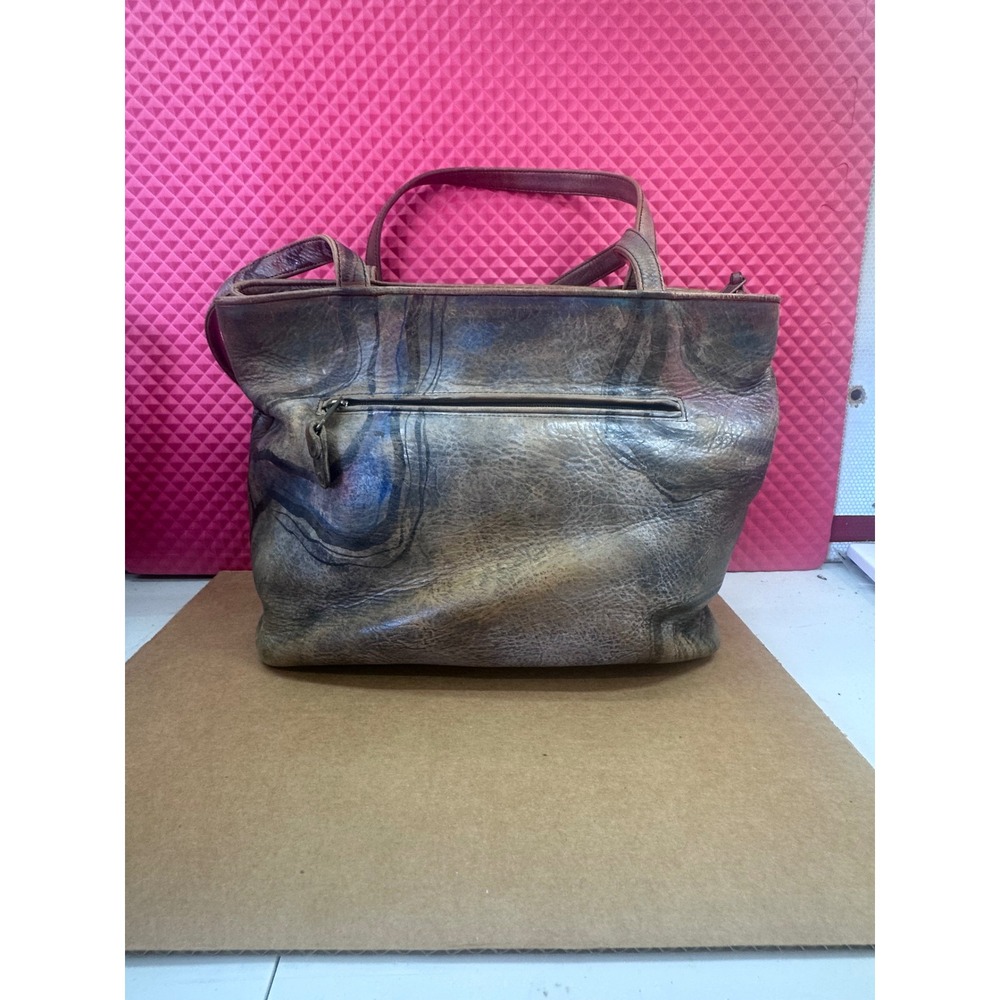 Jane Yoo Vintage Hand Painted Leather Tote Bag Abstract Art Shoulder Bag Brown